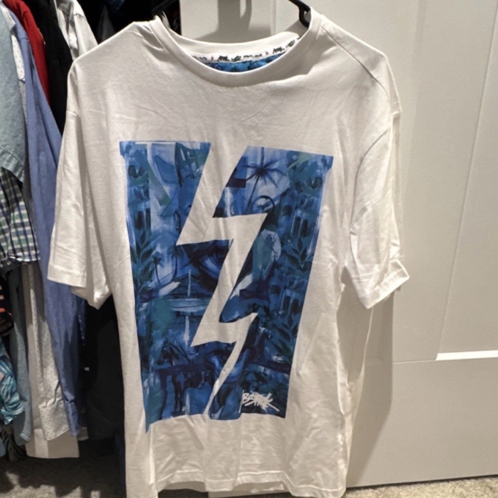 White Tee with Blue Graphic Design NWOT